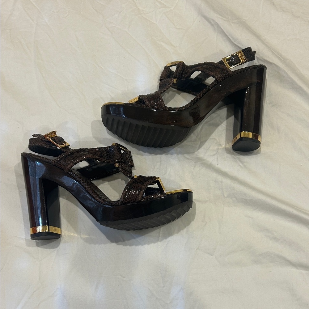 Tory Burch Fig Brown Karmen Snake Print Heels